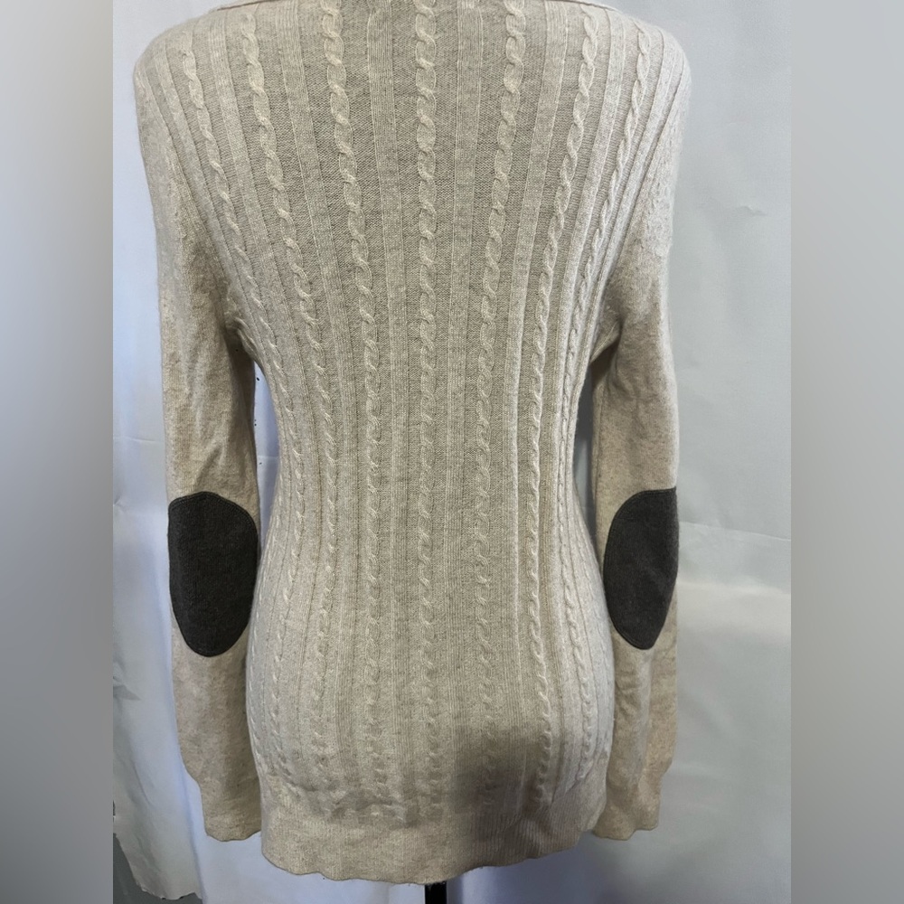 Aqua Cashmere Cream Sweater leather elbow patch small quiet luxury preppy career - Picture 5 of 6